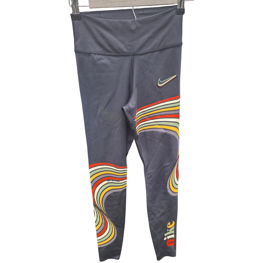 Nike Dri-FIT Womens Retro Rainbow Wavy Graphic Leggings Black XS High Waist